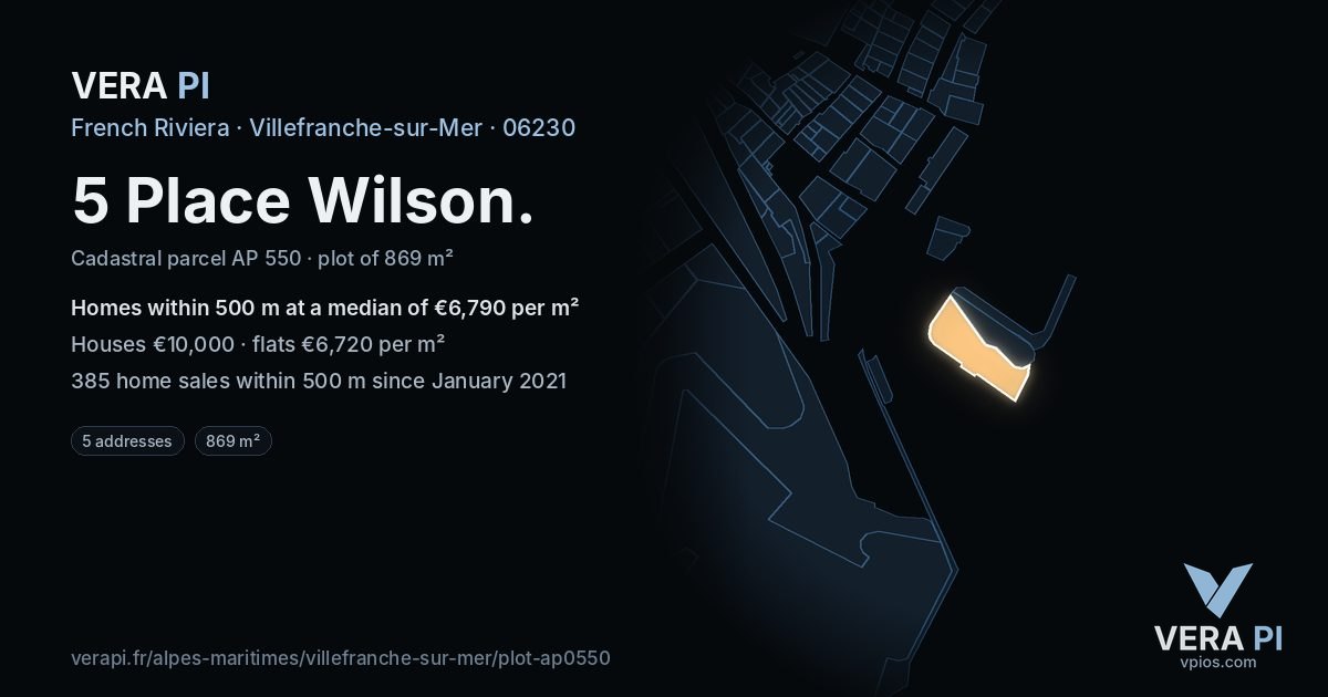5 Place Wilson, Villefranche-sur-Mer at night – the plot lit, the parcels around coloured by the prices near them