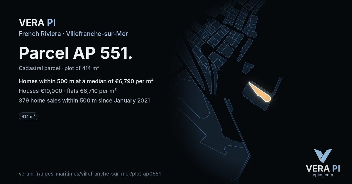 Parcel AP 551, Villefranche-sur-Mer at night – the plot lit, the parcels around coloured by the prices near them