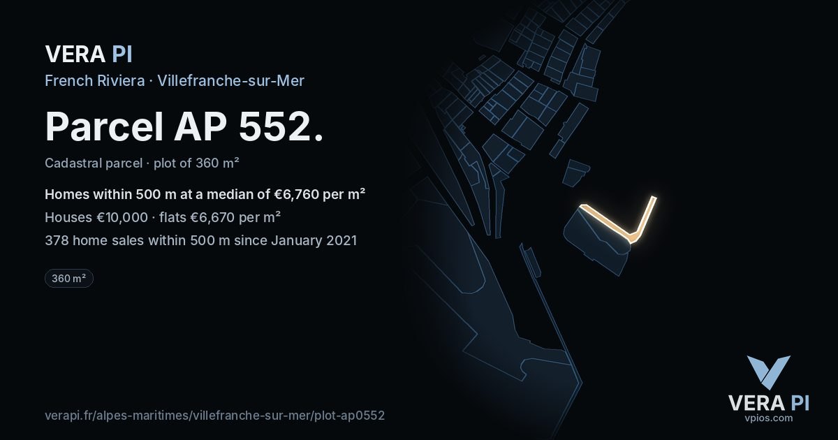 Parcel AP 552, Villefranche-sur-Mer at night – the plot lit, the parcels around coloured by the prices near them