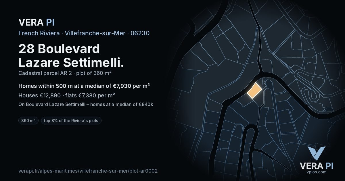 28 Boulevard Lazare Settimelli, Villefranche-sur-Mer at night – the plot lit, the parcels around coloured by the prices near them