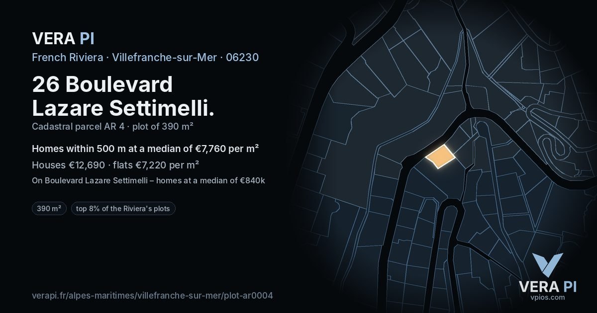 26 Boulevard Lazare Settimelli, Villefranche-sur-Mer at night – the plot lit, the parcels around coloured by the prices near them