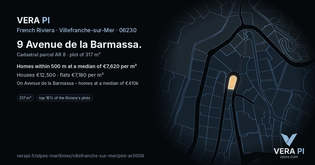 9 Avenue de la Barmassa, Villefranche-sur-Mer at night – the plot lit, the parcels around coloured by the prices near them