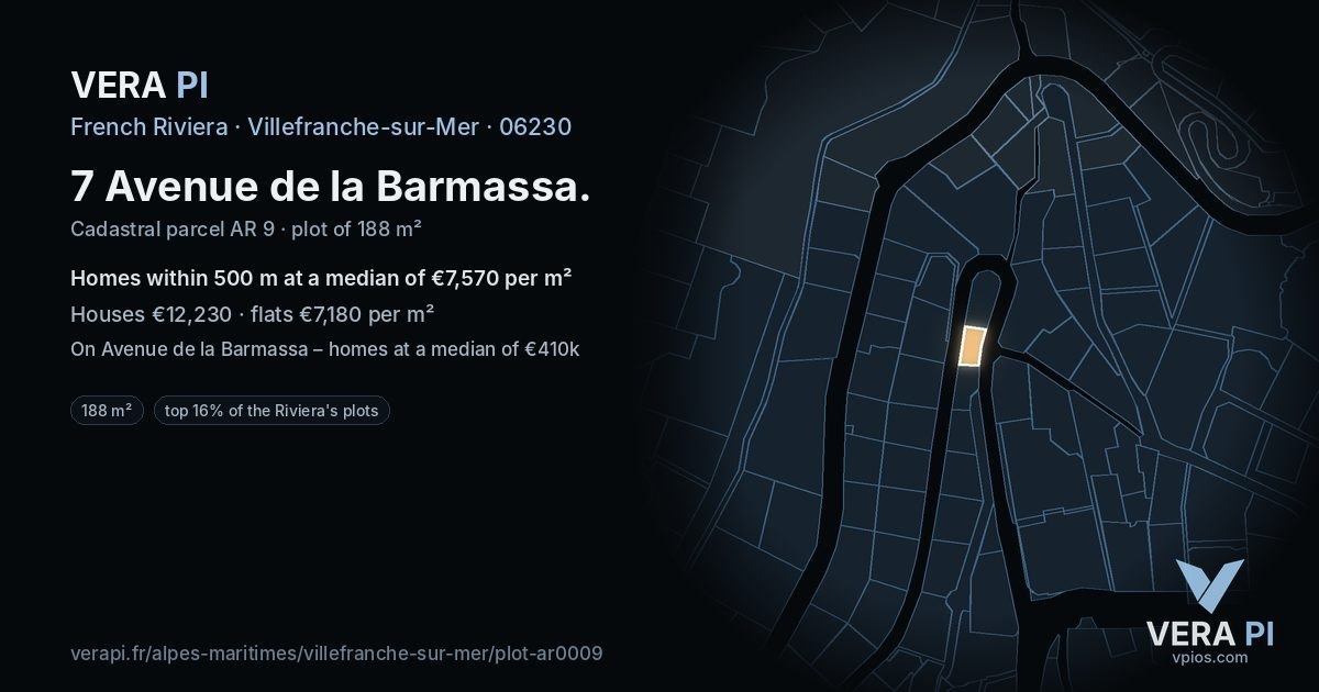7 Avenue de la Barmassa, Villefranche-sur-Mer at night – the plot lit, the parcels around coloured by the prices near them