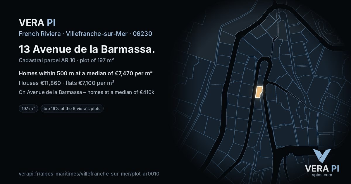 13 Avenue de la Barmassa, Villefranche-sur-Mer at night – the plot lit, the parcels around coloured by the prices near them