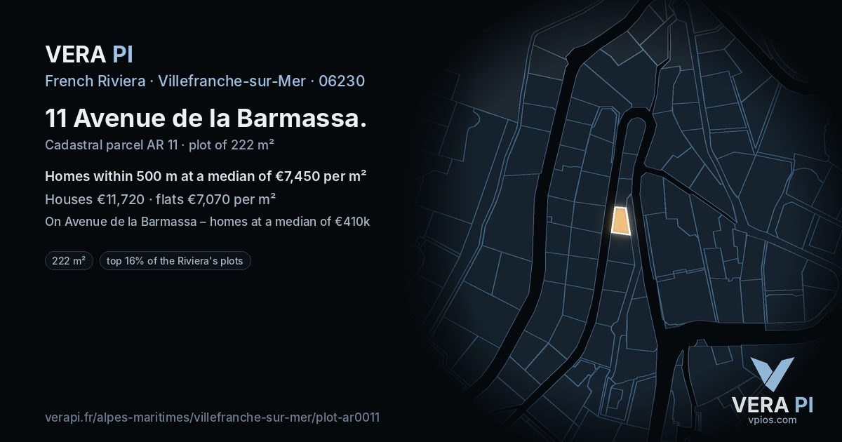 11 Avenue de la Barmassa, Villefranche-sur-Mer at night – the plot lit, the parcels around coloured by the prices near them