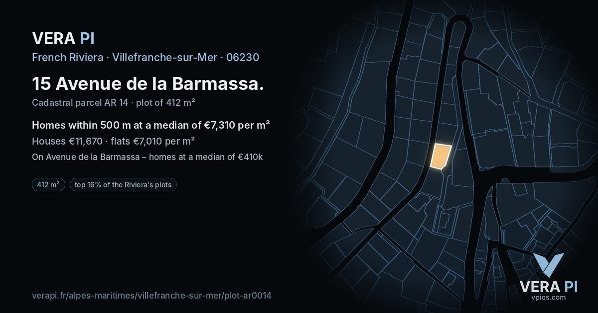 15 Avenue de la Barmassa, Villefranche-sur-Mer at night – the plot lit, the parcels around coloured by the prices near them