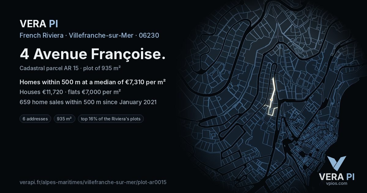 4 Avenue Françoise, Villefranche-sur-Mer at night – the plot lit, the parcels around coloured by the prices near them
