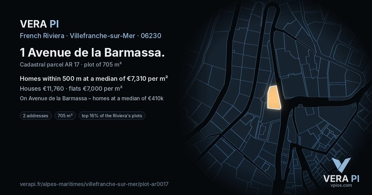 1 Avenue de la Barmassa, Villefranche-sur-Mer at night – the plot lit, the parcels around coloured by the prices near them