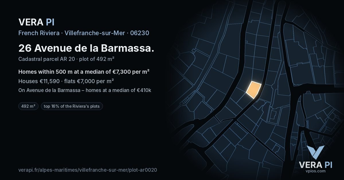 26 Avenue de la Barmassa, Villefranche-sur-Mer at night – the plot lit, the parcels around coloured by the prices near them