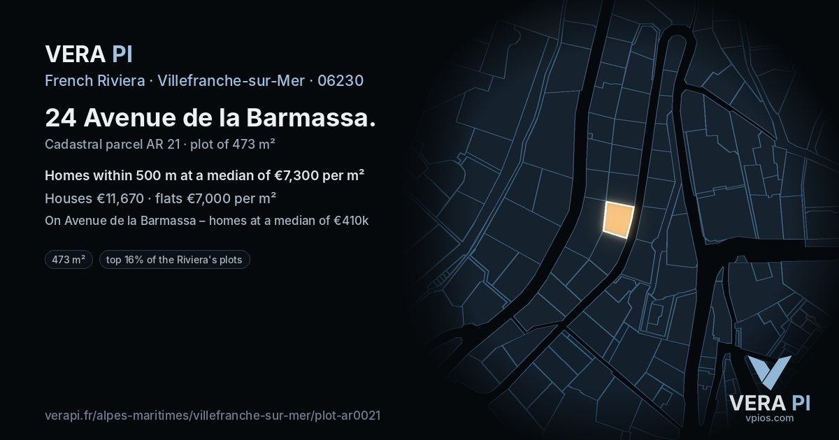 24 Avenue de la Barmassa, Villefranche-sur-Mer at night – the plot lit, the parcels around coloured by the prices near them