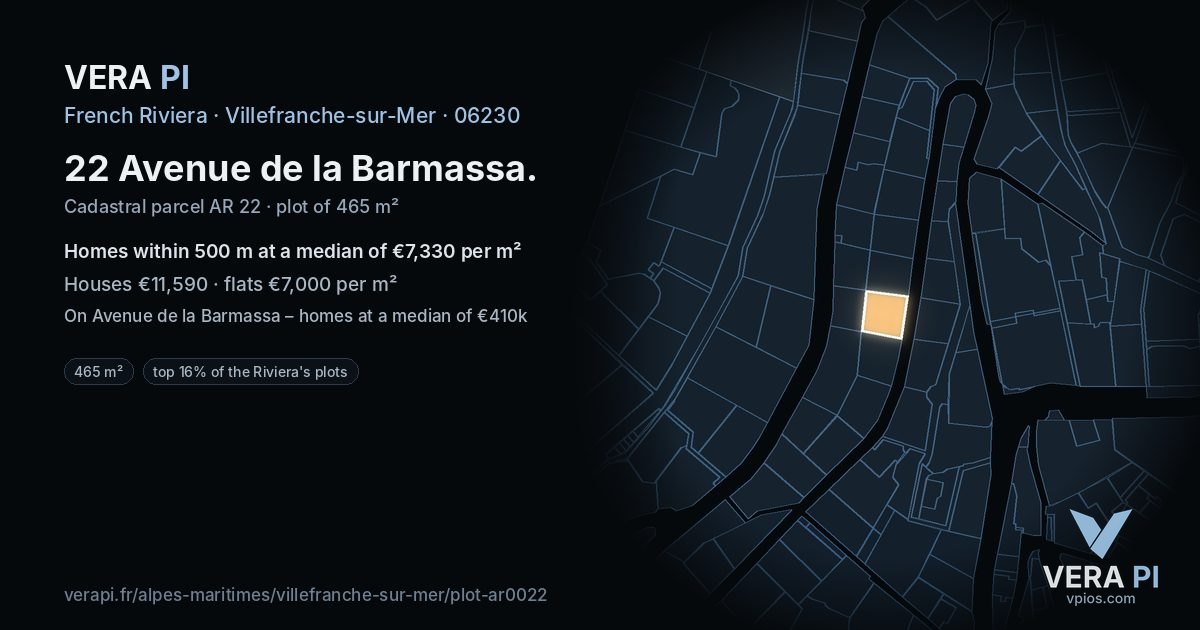 22 Avenue de la Barmassa, Villefranche-sur-Mer at night – the plot lit, the parcels around coloured by the prices near them