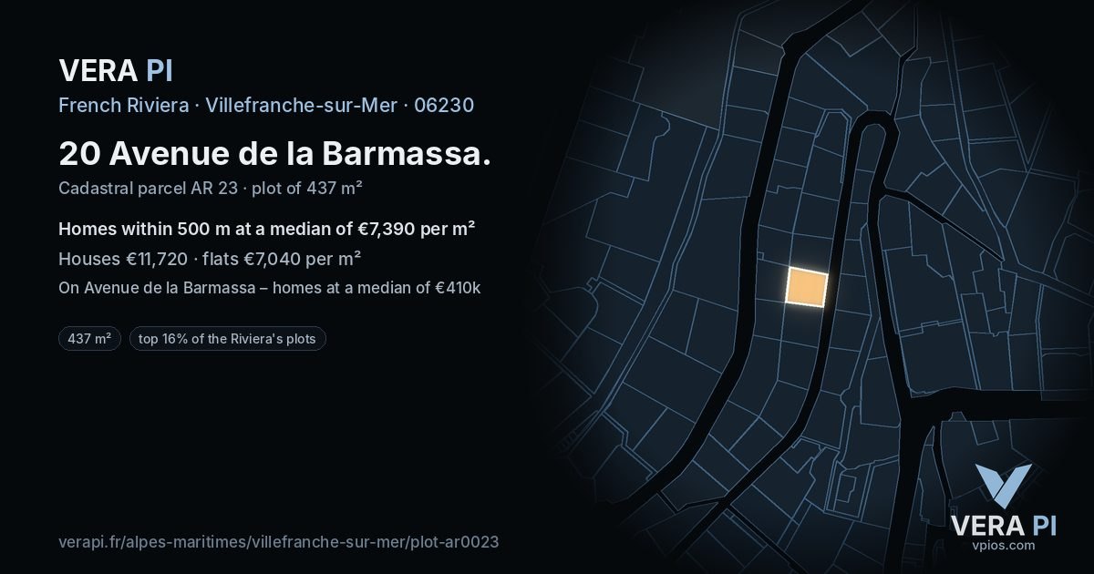 20 Avenue de la Barmassa, Villefranche-sur-Mer at night – the plot lit, the parcels around coloured by the prices near them