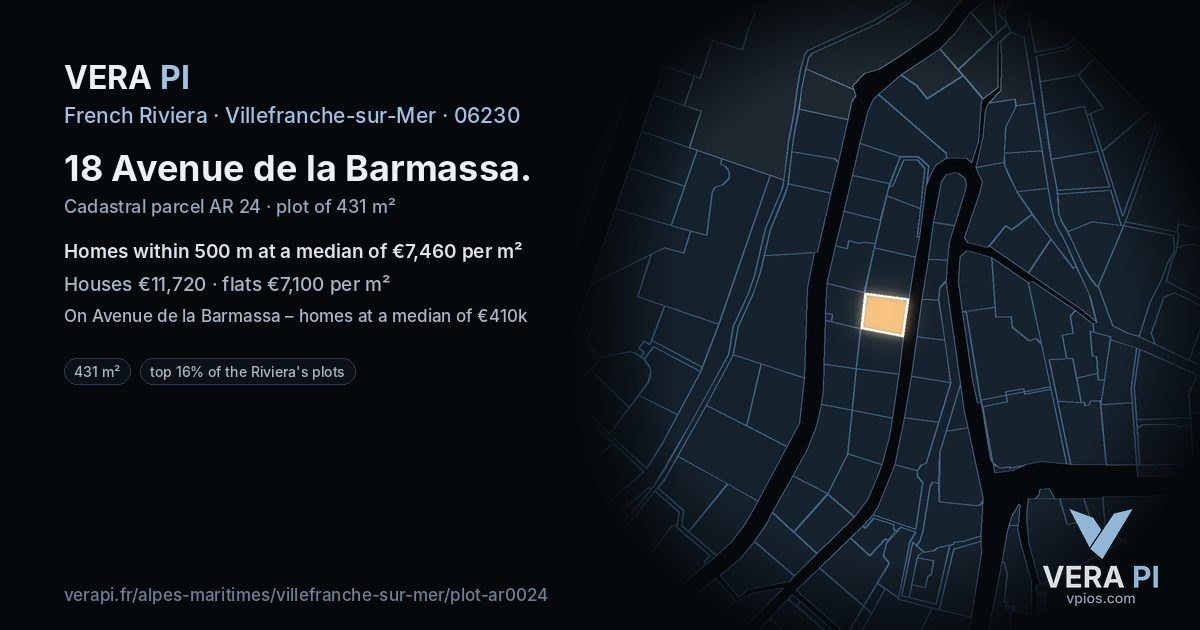 18 Avenue de la Barmassa, Villefranche-sur-Mer at night – the plot lit, the parcels around coloured by the prices near them