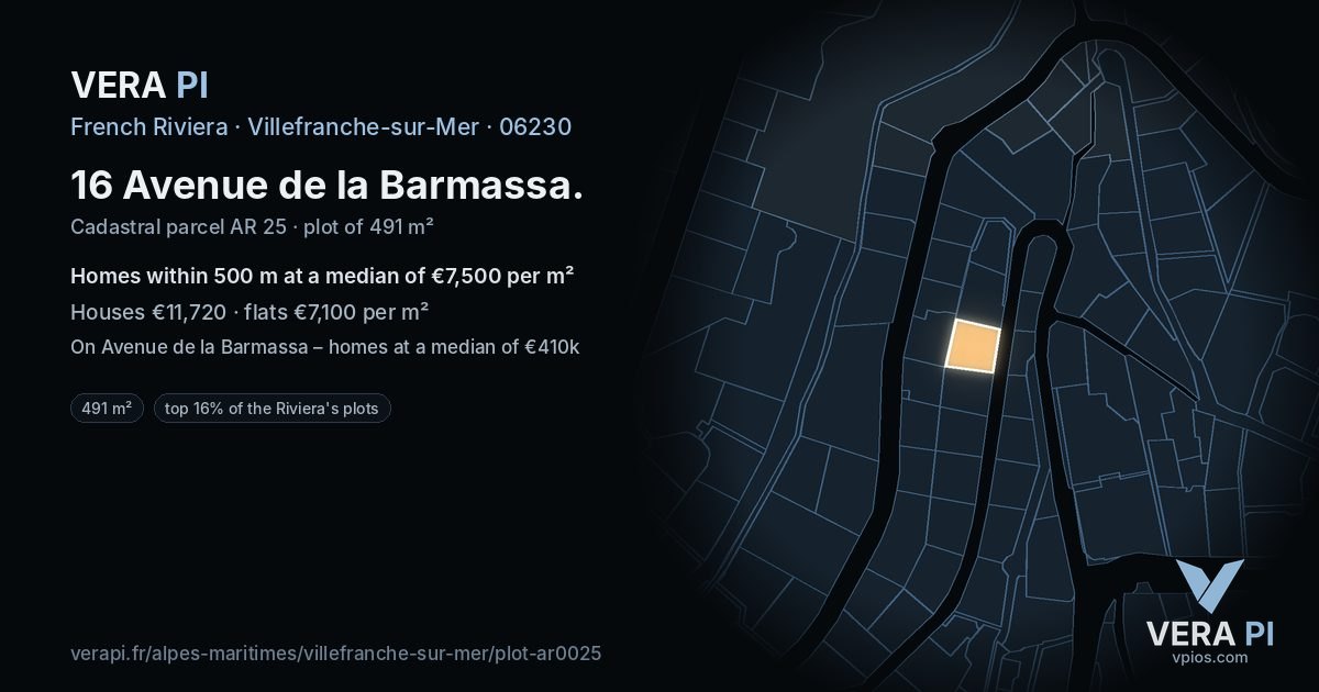 16 Avenue de la Barmassa, Villefranche-sur-Mer at night – the plot lit, the parcels around coloured by the prices near them