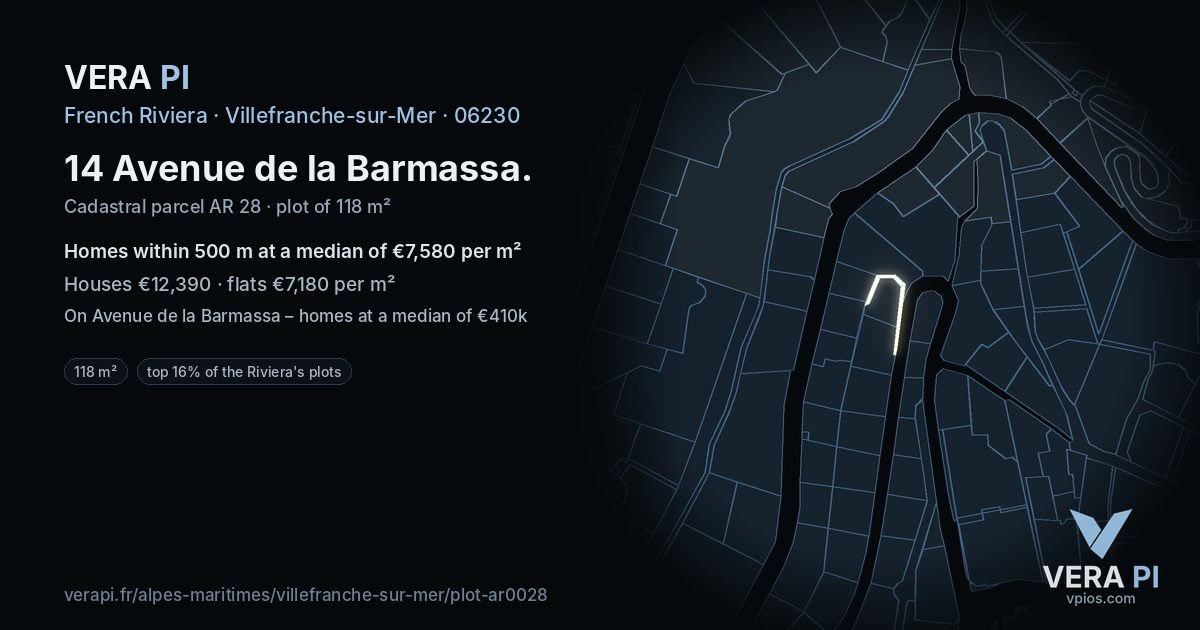 14 Avenue de la Barmassa, Villefranche-sur-Mer at night – the plot lit, the parcels around coloured by the prices near them