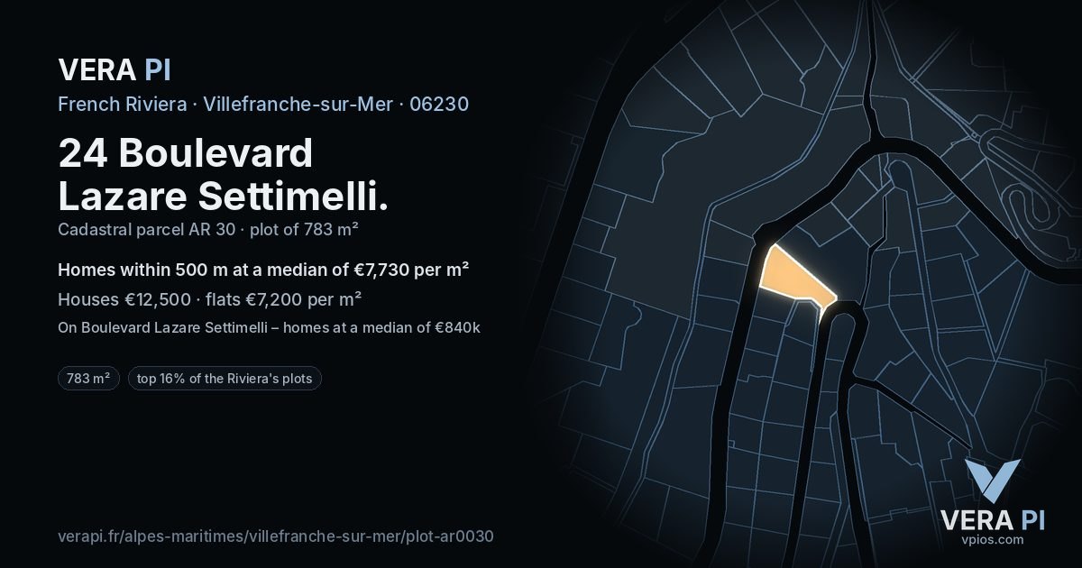 24 Boulevard Lazare Settimelli, Villefranche-sur-Mer at night – the plot lit, the parcels around coloured by the prices near them