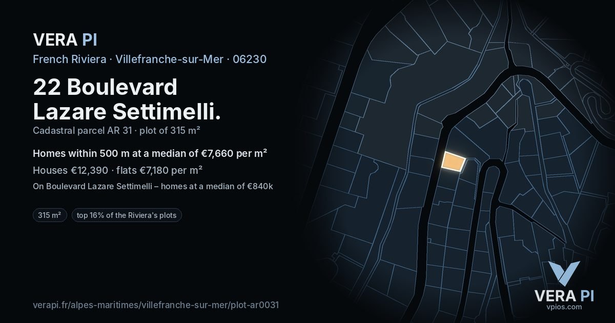 22 Boulevard Lazare Settimelli, Villefranche-sur-Mer at night – the plot lit, the parcels around coloured by the prices near them