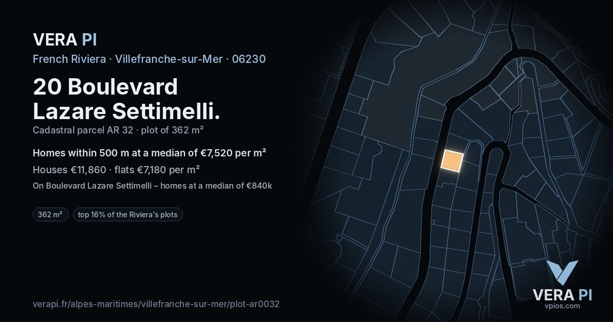 20 Boulevard Lazare Settimelli, Villefranche-sur-Mer at night – the plot lit, the parcels around coloured by the prices near them