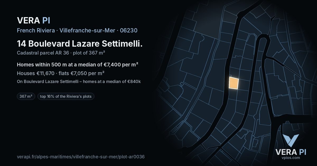 14 Boulevard Lazare Settimelli, Villefranche-sur-Mer at night – the plot lit, the parcels around coloured by the prices near them