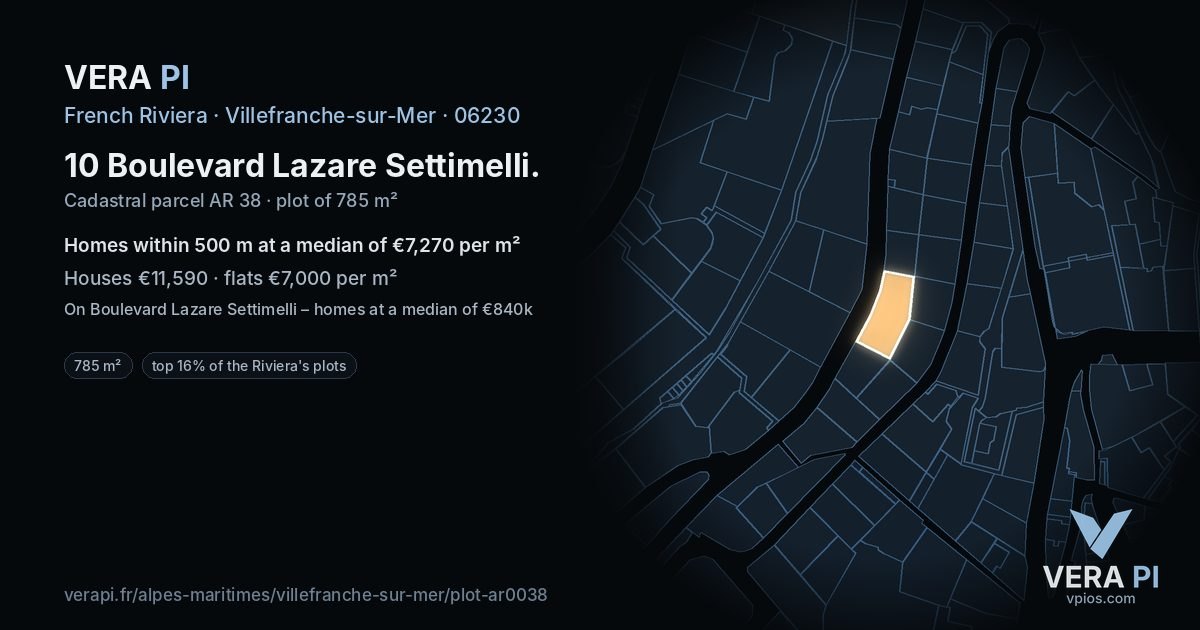 10 Boulevard Lazare Settimelli, Villefranche-sur-Mer at night – the plot lit, the parcels around coloured by the prices near them