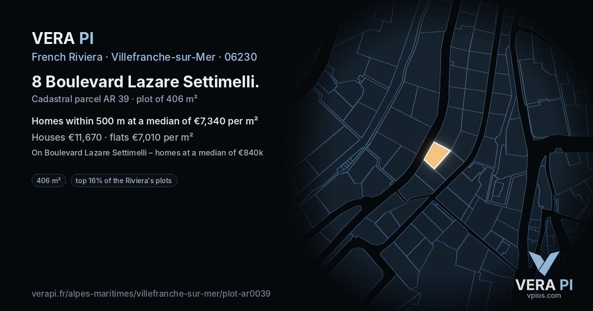 8 Boulevard Lazare Settimelli, Villefranche-sur-Mer at night – the plot lit, the parcels around coloured by the prices near them
