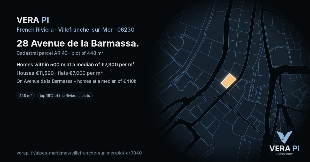 28 Avenue de la Barmassa, Villefranche-sur-Mer at night – the plot lit, the parcels around coloured by the prices near them