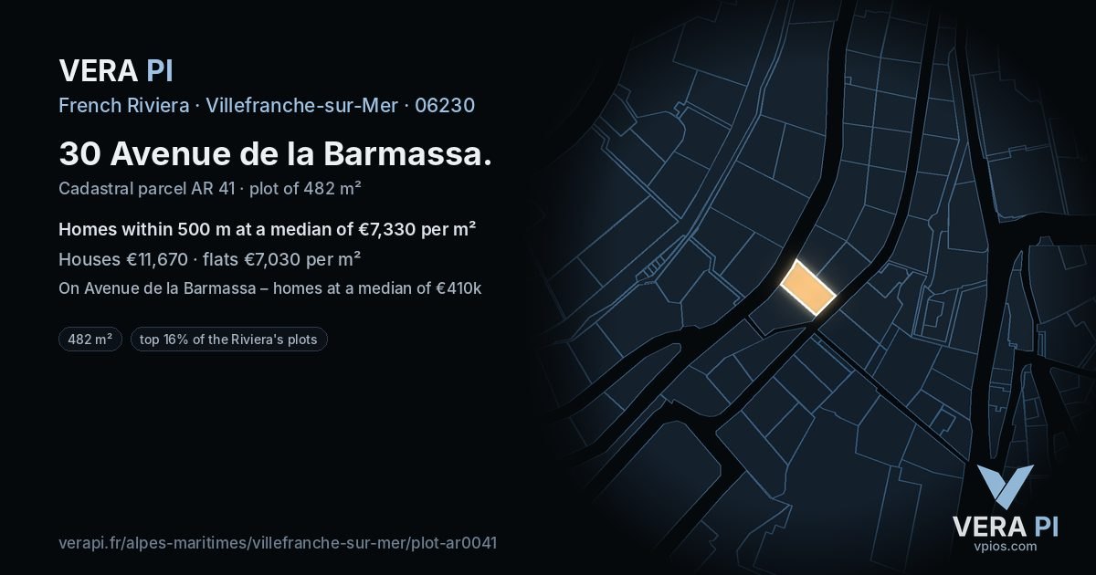 30 Avenue de la Barmassa, Villefranche-sur-Mer at night – the plot lit, the parcels around coloured by the prices near them