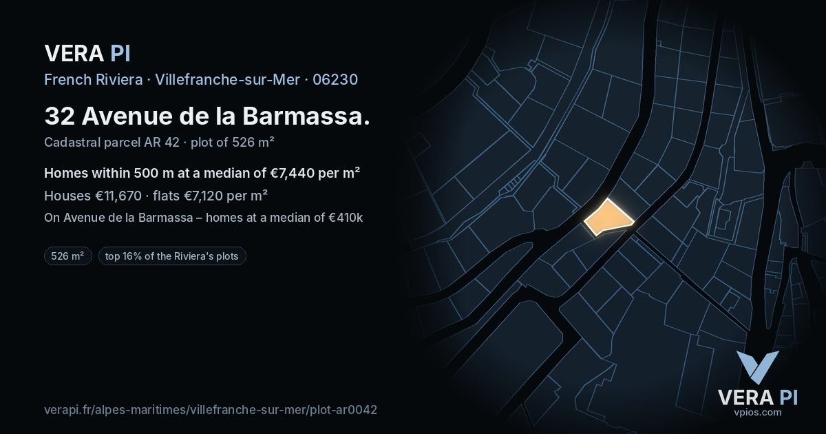 32 Avenue de la Barmassa, Villefranche-sur-Mer at night – the plot lit, the parcels around coloured by the prices near them