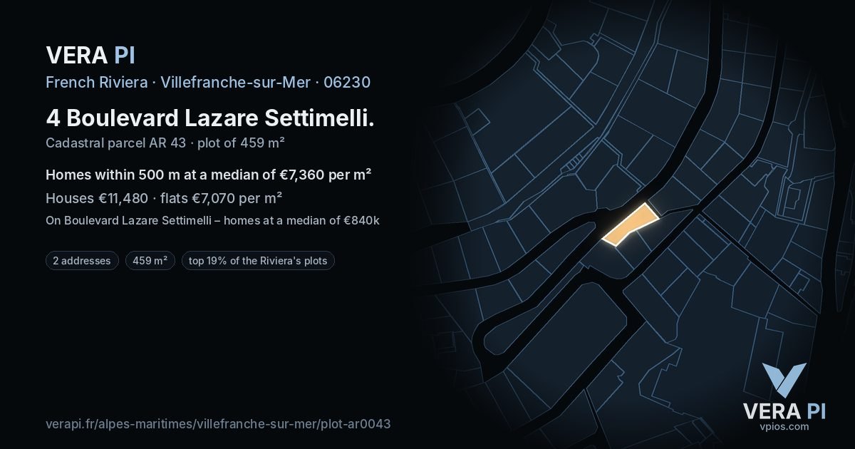 4 Boulevard Lazare Settimelli, Villefranche-sur-Mer at night – the plot lit, the parcels around coloured by the prices near them