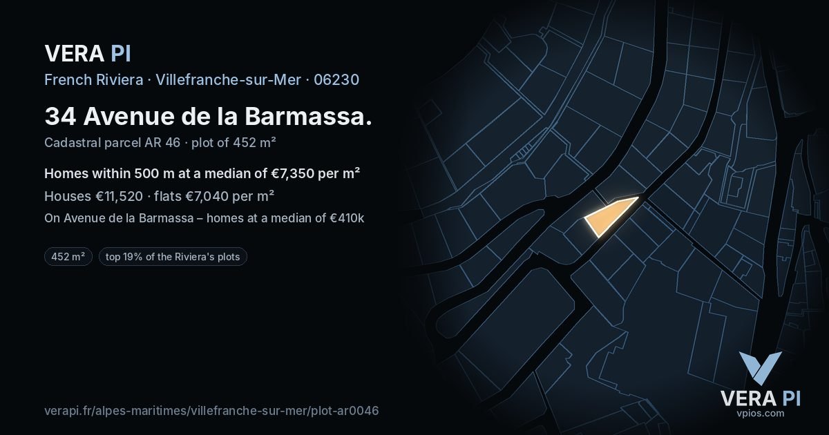 34 Avenue de la Barmassa, Villefranche-sur-Mer at night – the plot lit, the parcels around coloured by the prices near them