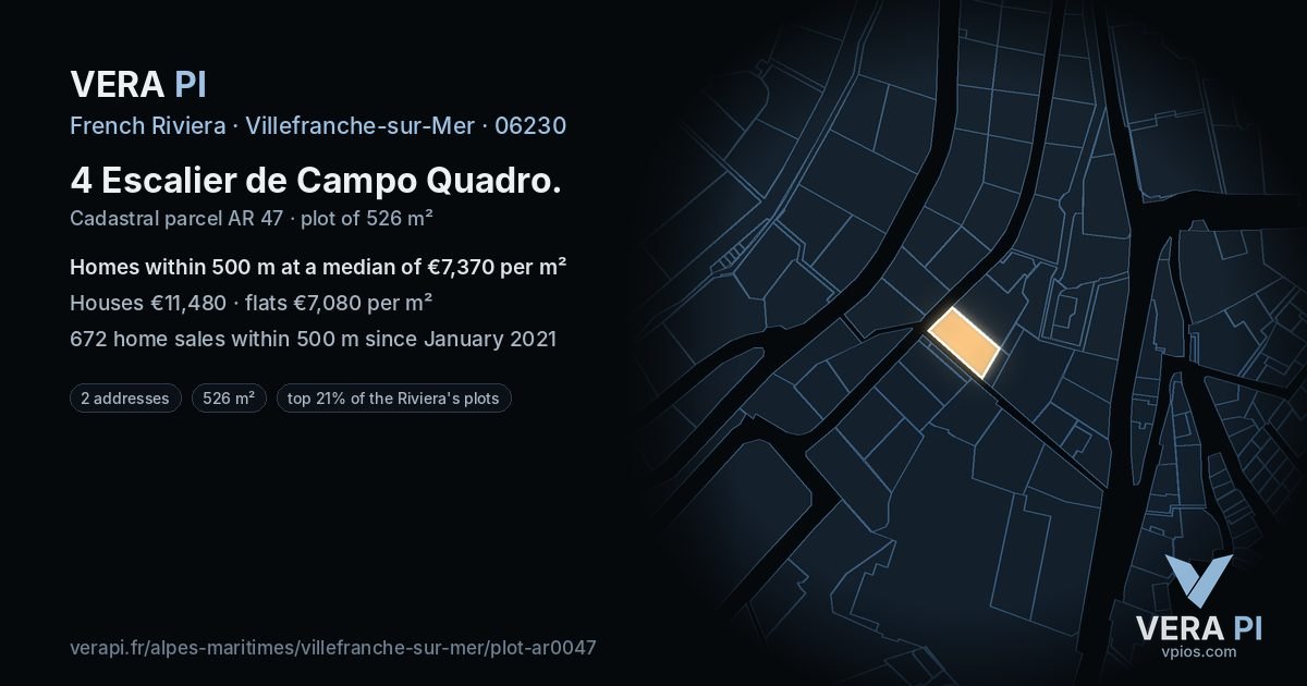 4 Escalier de Campo Quadro, Villefranche-sur-Mer at night – the plot lit, the parcels around coloured by the prices near them