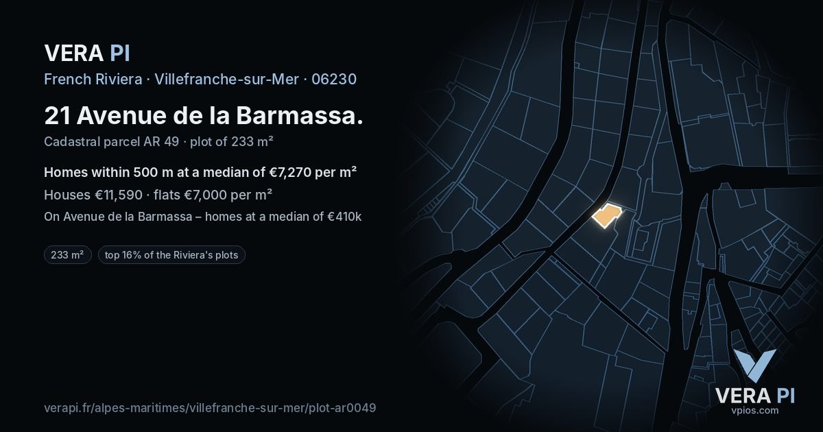 21 Avenue de la Barmassa, Villefranche-sur-Mer at night – the plot lit, the parcels around coloured by the prices near them