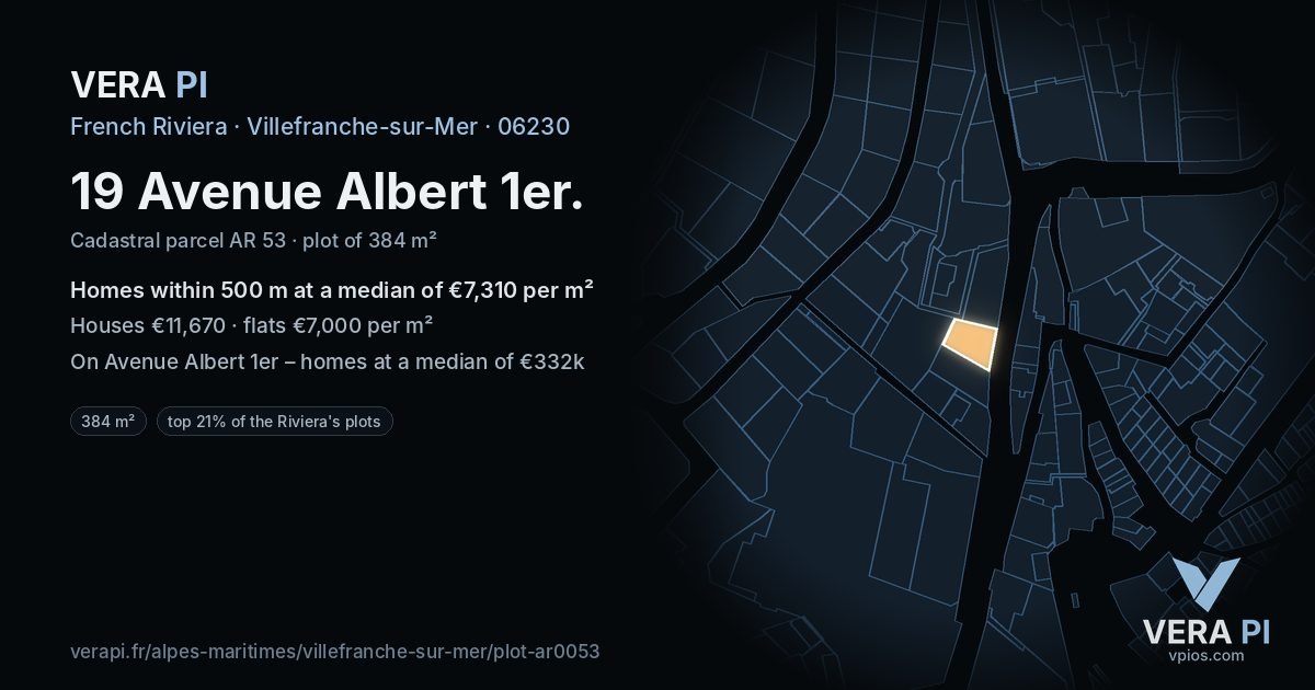 19 Avenue Albert 1er, Villefranche-sur-Mer at night – the plot lit, the parcels around coloured by the prices near them