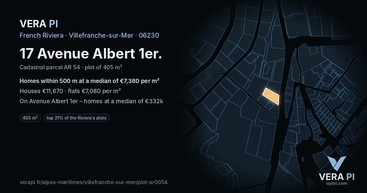 17 Avenue Albert 1er, Villefranche-sur-Mer at night – the plot lit, the parcels around coloured by the prices near them