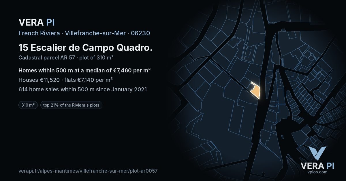 15 Escalier de Campo Quadro, Villefranche-sur-Mer at night – the plot lit, the parcels around coloured by the prices near them