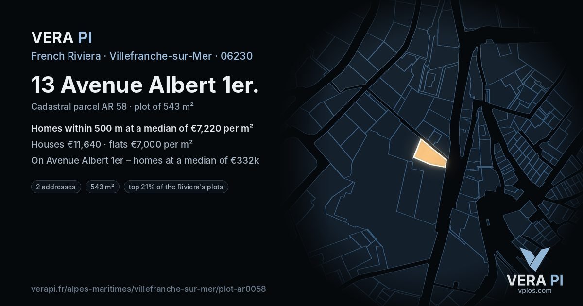 13 Avenue Albert 1er, Villefranche-sur-Mer at night – the plot lit, the parcels around coloured by the prices near them