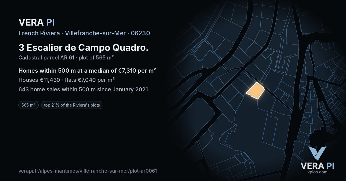 3 Escalier de Campo Quadro, Villefranche-sur-Mer at night – the plot lit, the parcels around coloured by the prices near them