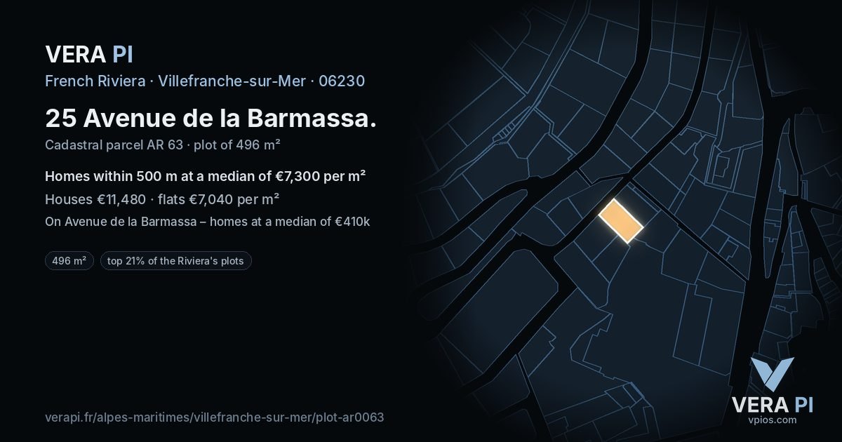 25 Avenue de la Barmassa, Villefranche-sur-Mer at night – the plot lit, the parcels around coloured by the prices near them