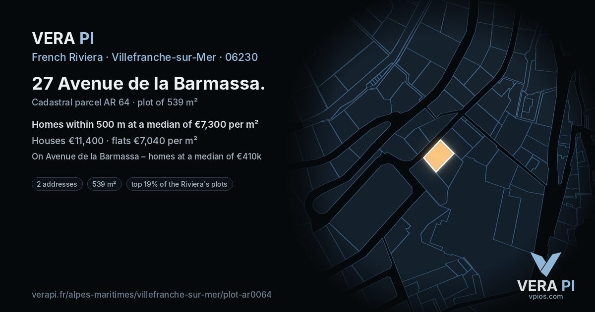 27 Avenue de la Barmassa, Villefranche-sur-Mer at night – the plot lit, the parcels around coloured by the prices near them