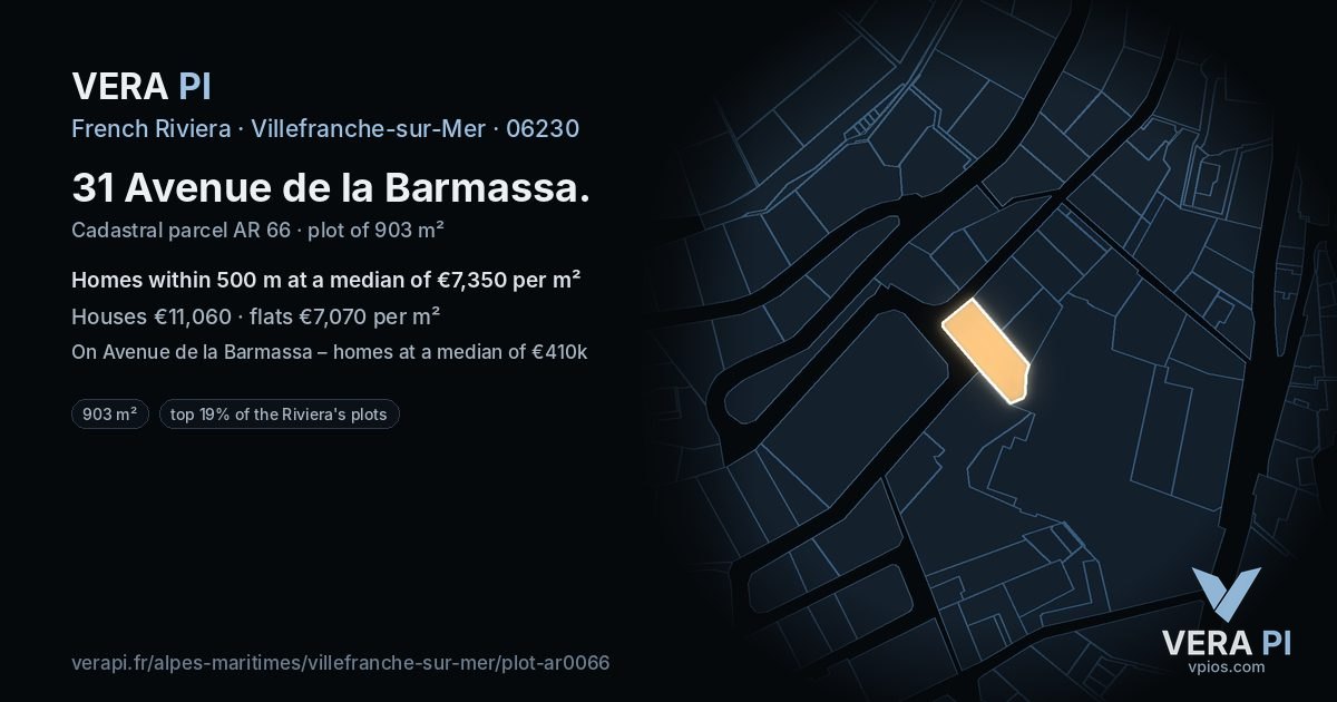31 Avenue de la Barmassa, Villefranche-sur-Mer at night – the plot lit, the parcels around coloured by the prices near them