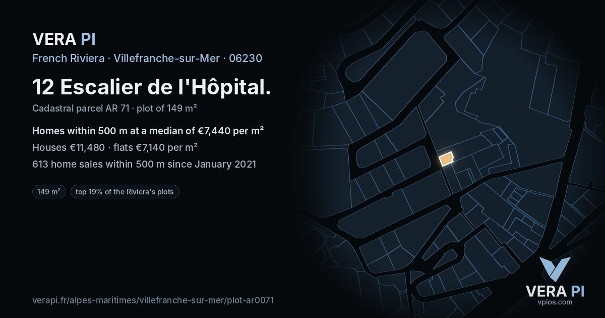 12 Escalier de l'Hôpital, Villefranche-sur-Mer at night – the plot lit, the parcels around coloured by the prices near them