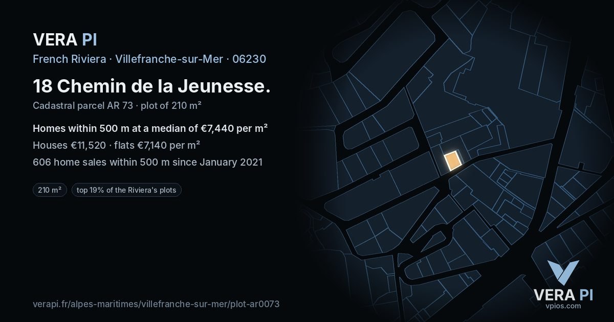 18 Chemin de la Jeunesse, Villefranche-sur-Mer at night – the plot lit, the parcels around coloured by the prices near them