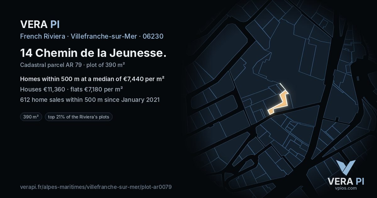 14 Chemin de la Jeunesse, Villefranche-sur-Mer at night – the plot lit, the parcels around coloured by the prices near them