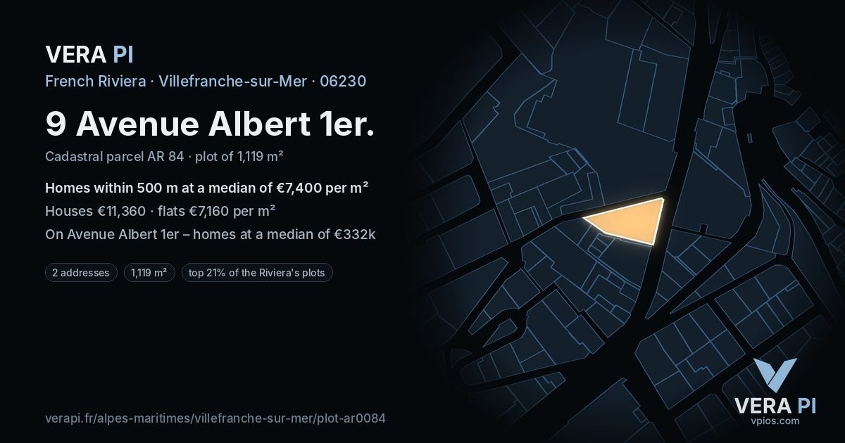 9 Avenue Albert 1er, Villefranche-sur-Mer at night – the plot lit, the parcels around coloured by the prices near them