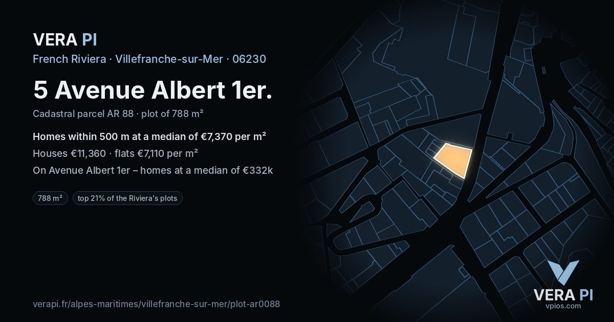 5 Avenue Albert 1er, Villefranche-sur-Mer at night – the plot lit, the parcels around coloured by the prices near them