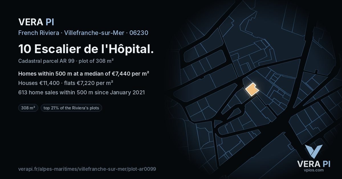 10 Escalier de l'Hôpital, Villefranche-sur-Mer at night – the plot lit, the parcels around coloured by the prices near them