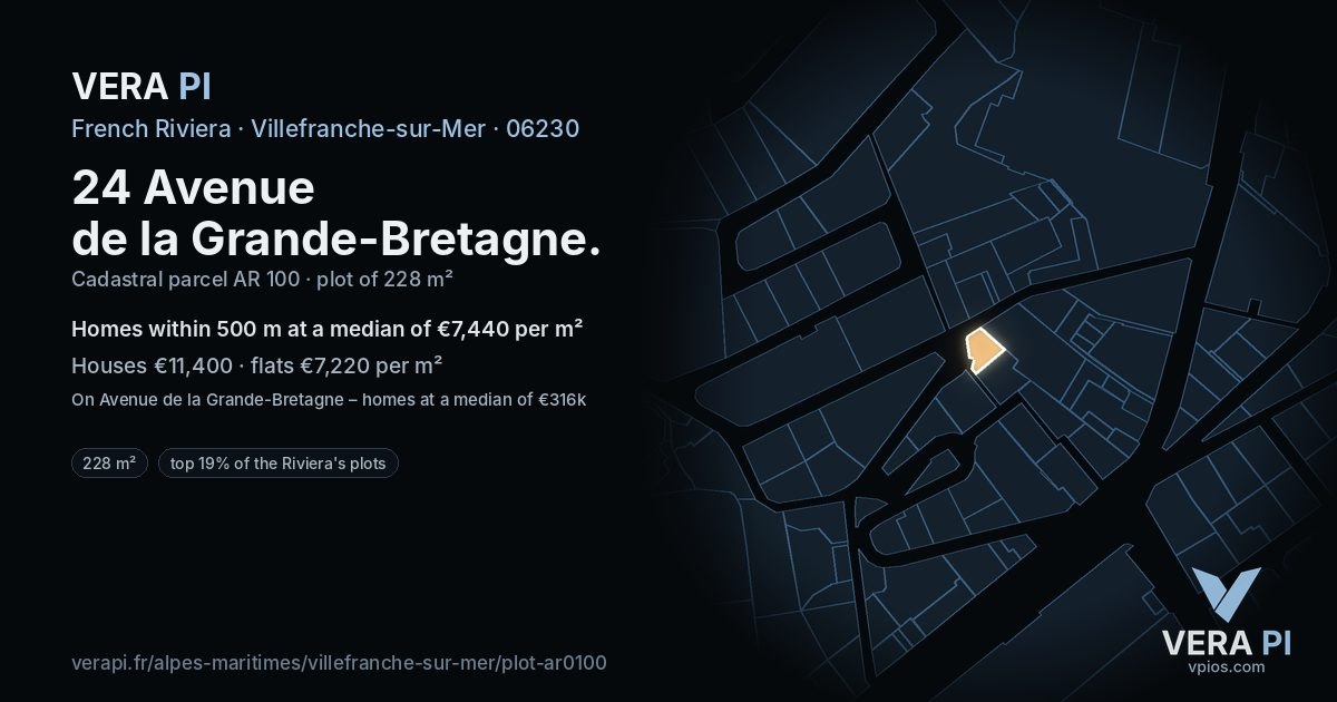 24 Avenue de la Grande-Bretagne, Villefranche-sur-Mer at night – the plot lit, the parcels around coloured by the prices near them