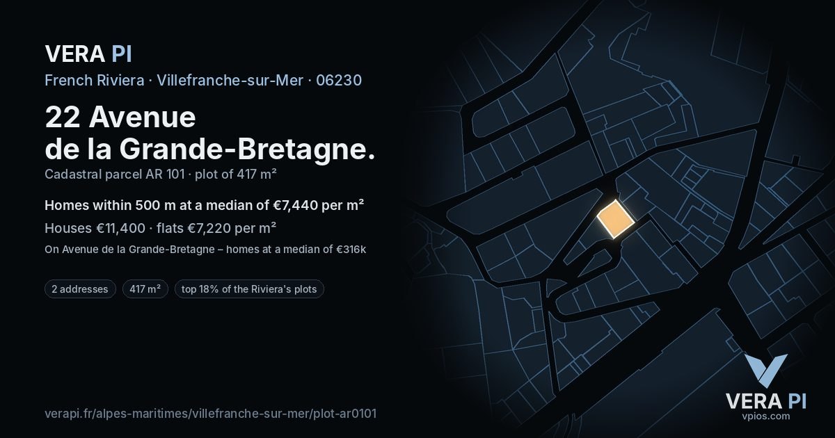 22 Avenue de la Grande-Bretagne, Villefranche-sur-Mer at night – the plot lit, the parcels around coloured by the prices near them