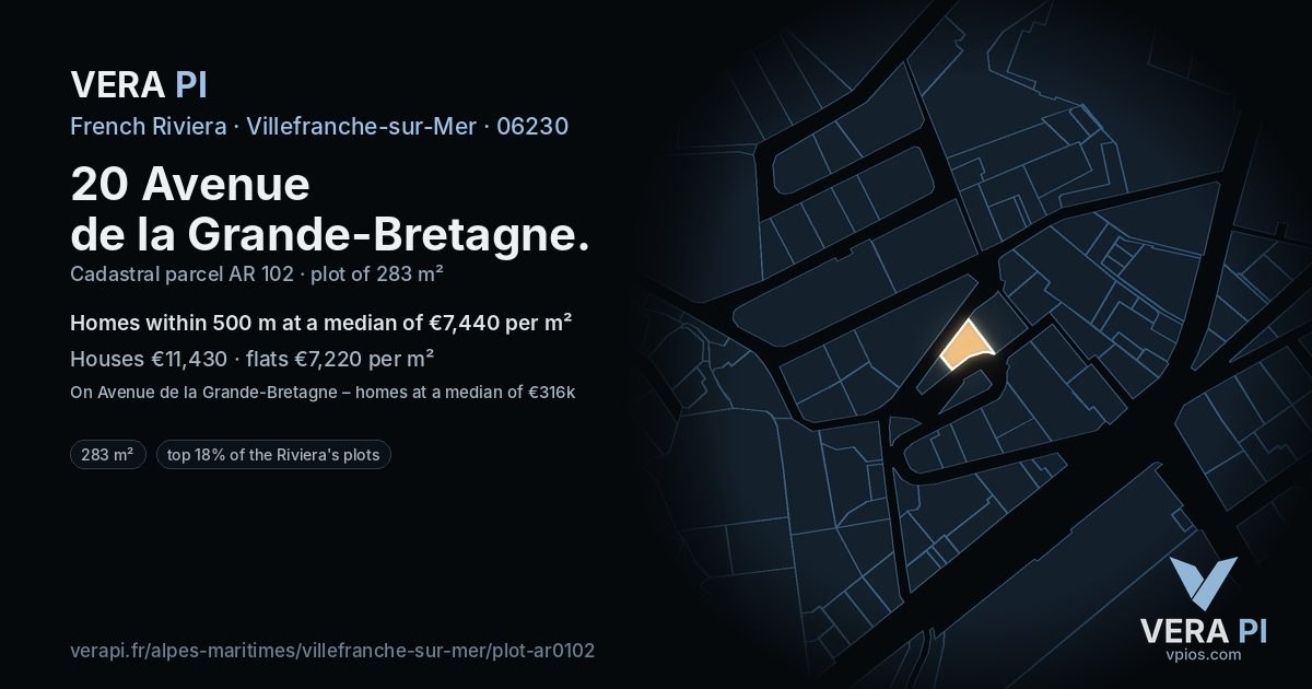 20 Avenue de la Grande-Bretagne, Villefranche-sur-Mer at night – the plot lit, the parcels around coloured by the prices near them