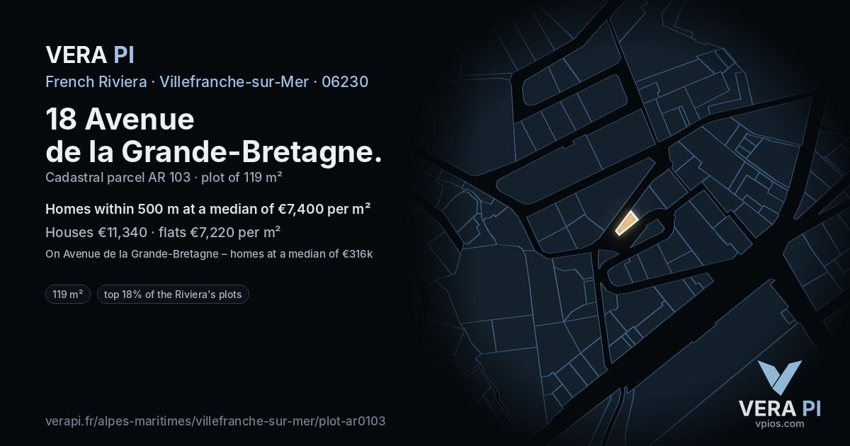 18 Avenue de la Grande-Bretagne, Villefranche-sur-Mer at night – the plot lit, the parcels around coloured by the prices near them